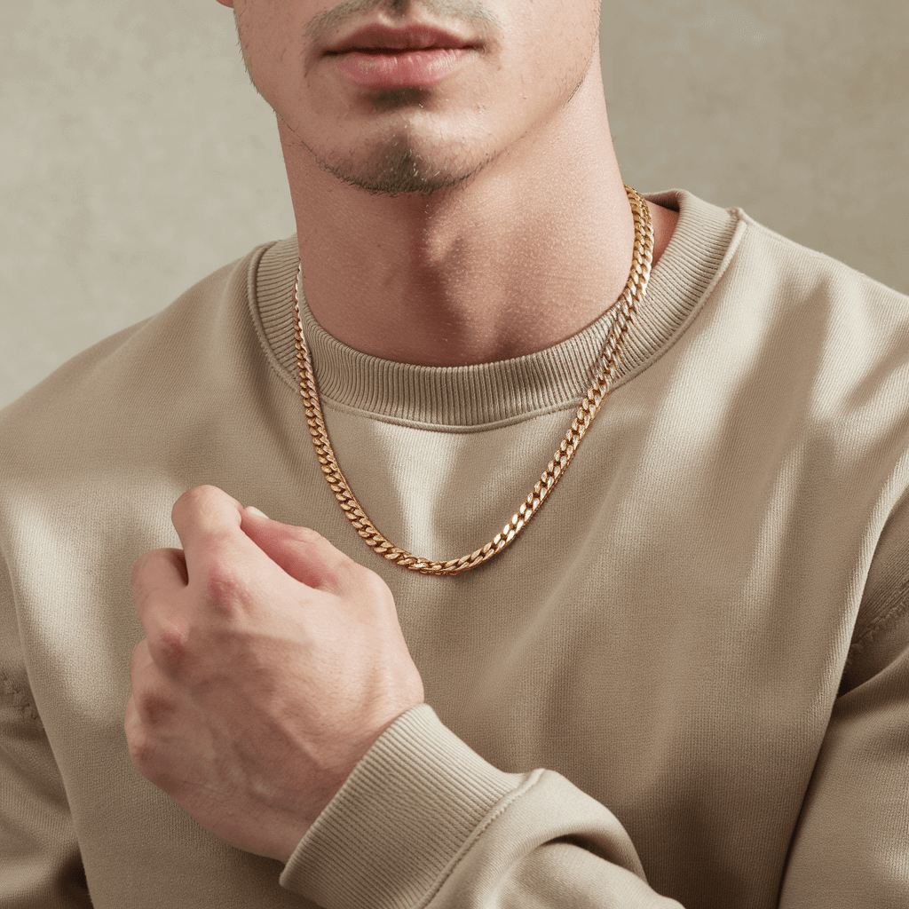 Heren met een gouden Cuban ketting over een beige trui, een stijlvolle toevoeging aan elk outfit.