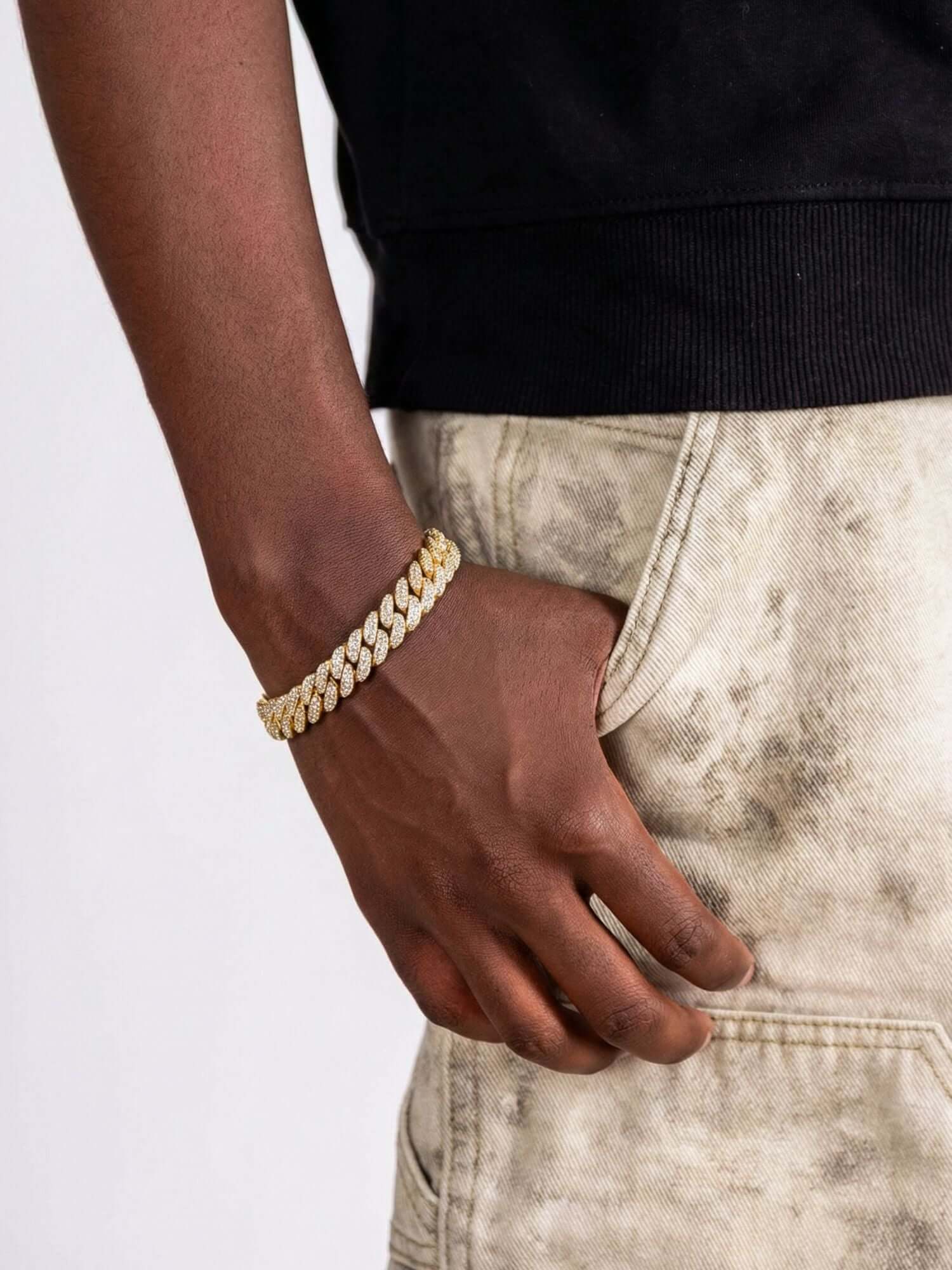 Gold Cuban Bracelet ICED OUT (6mm, 8mm & 10mm) for wrist, gold-tone iced out Cuban link bracelet with VVS CZ stones