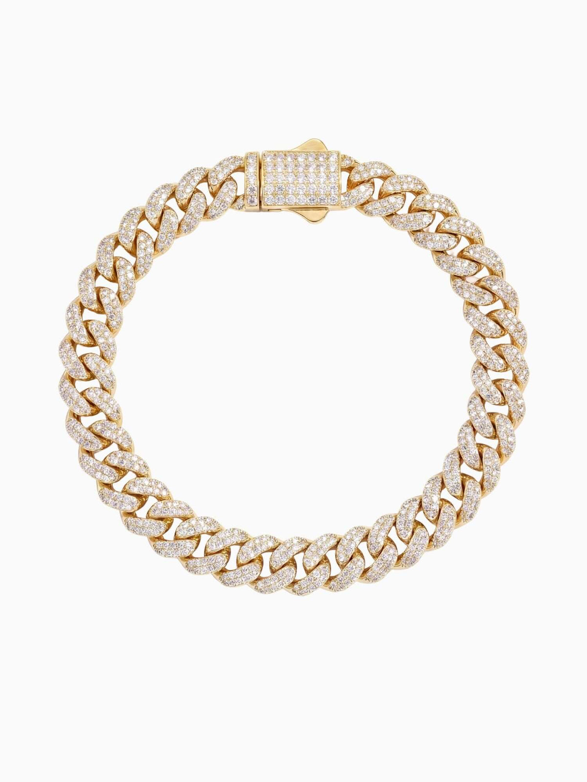 Goudkleurige iced out cuban link armband met VVS CZ stenen, verkrijgbaar in 6, 8 en 10 mm.