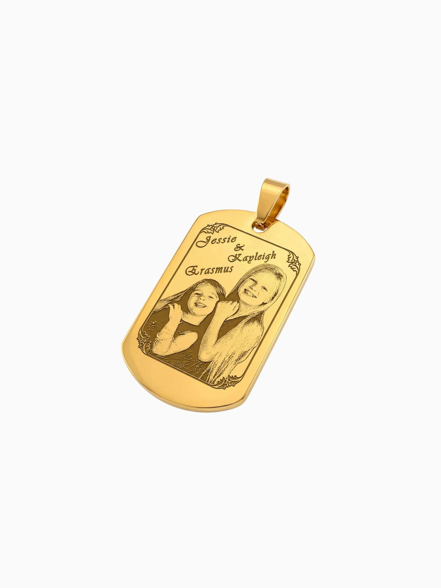 Colgante dog tag dorado con grabado de foto y nombres – colgante personalizado Carpe Ice