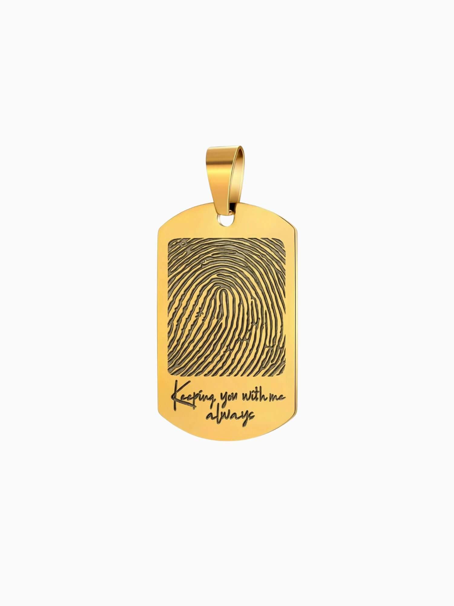 Dog tag-hänge i guld med gravering av fingeravtryck och text
