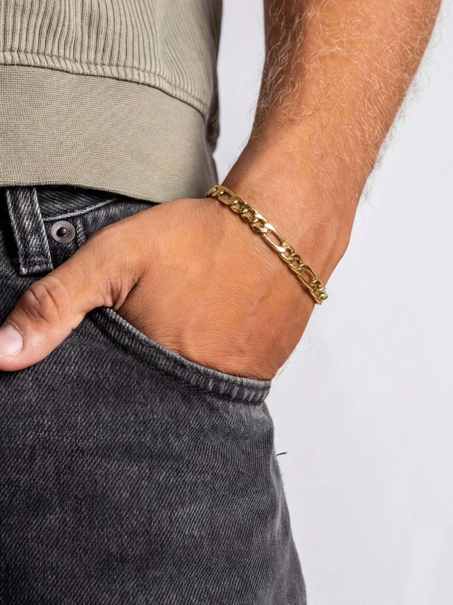 Figaro Gold Stainless Steel Bracelet (3mm & 5mm) for the wrist, gold-tone Figaro chain bracelet made of stainless steel