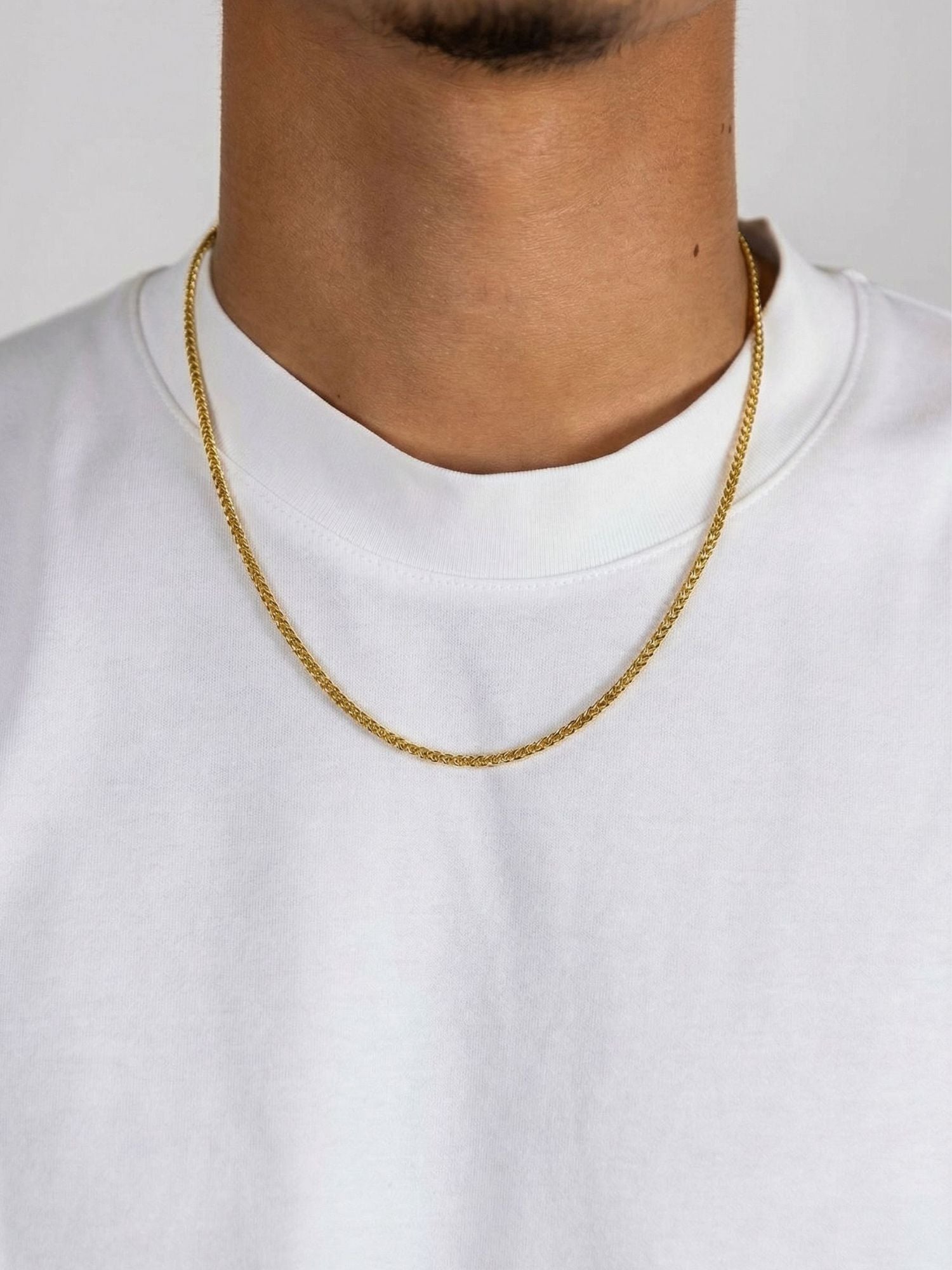 Franco Ketting Goud Vossenstaart RVS (3mm) gedragen om de hals, gouden 3mm vossenstaart ketting van roestvrij staal