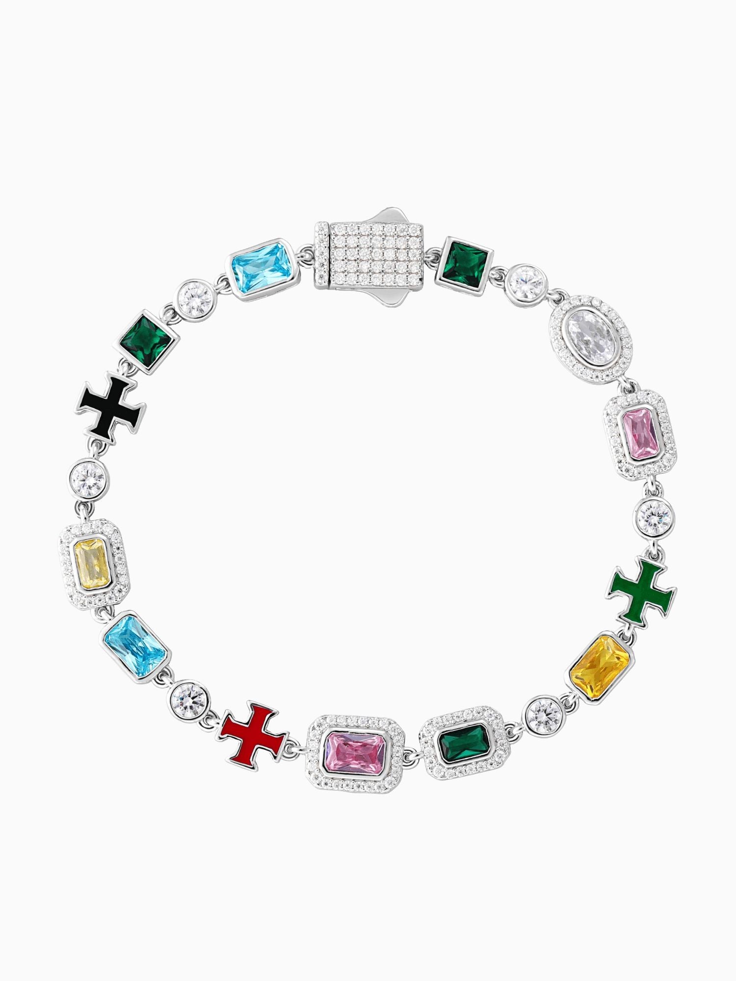 Kruis en Edelstenen ICED OUT Witgoud Armband met kleurrijke edelstenen en elegant kruisdesign.