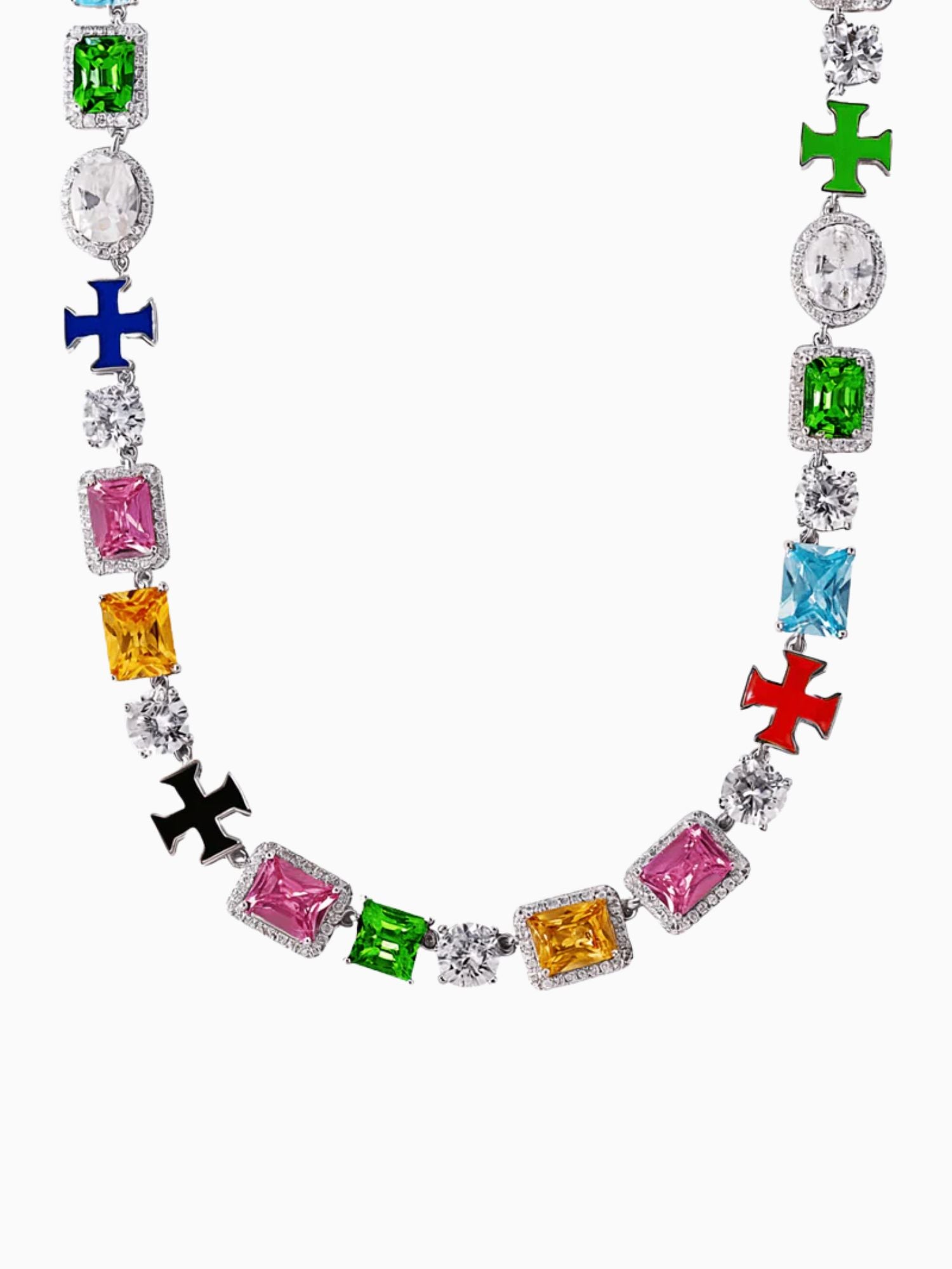 Kruis en edelstenen ketting ICED OUT Witgoud met kleurrijke edelstenen en elegante details.