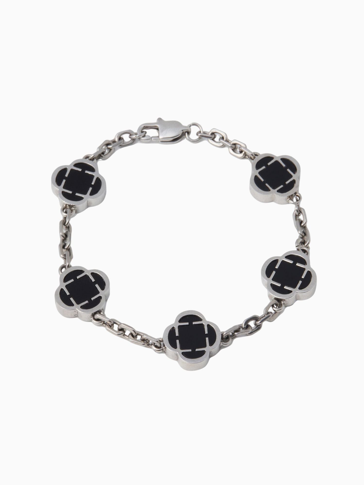 Klaver Armband Zilver Zwart Onyx Steen met klavertjevier schakels en zwarte onyx look, zilverkleurige ketting armband