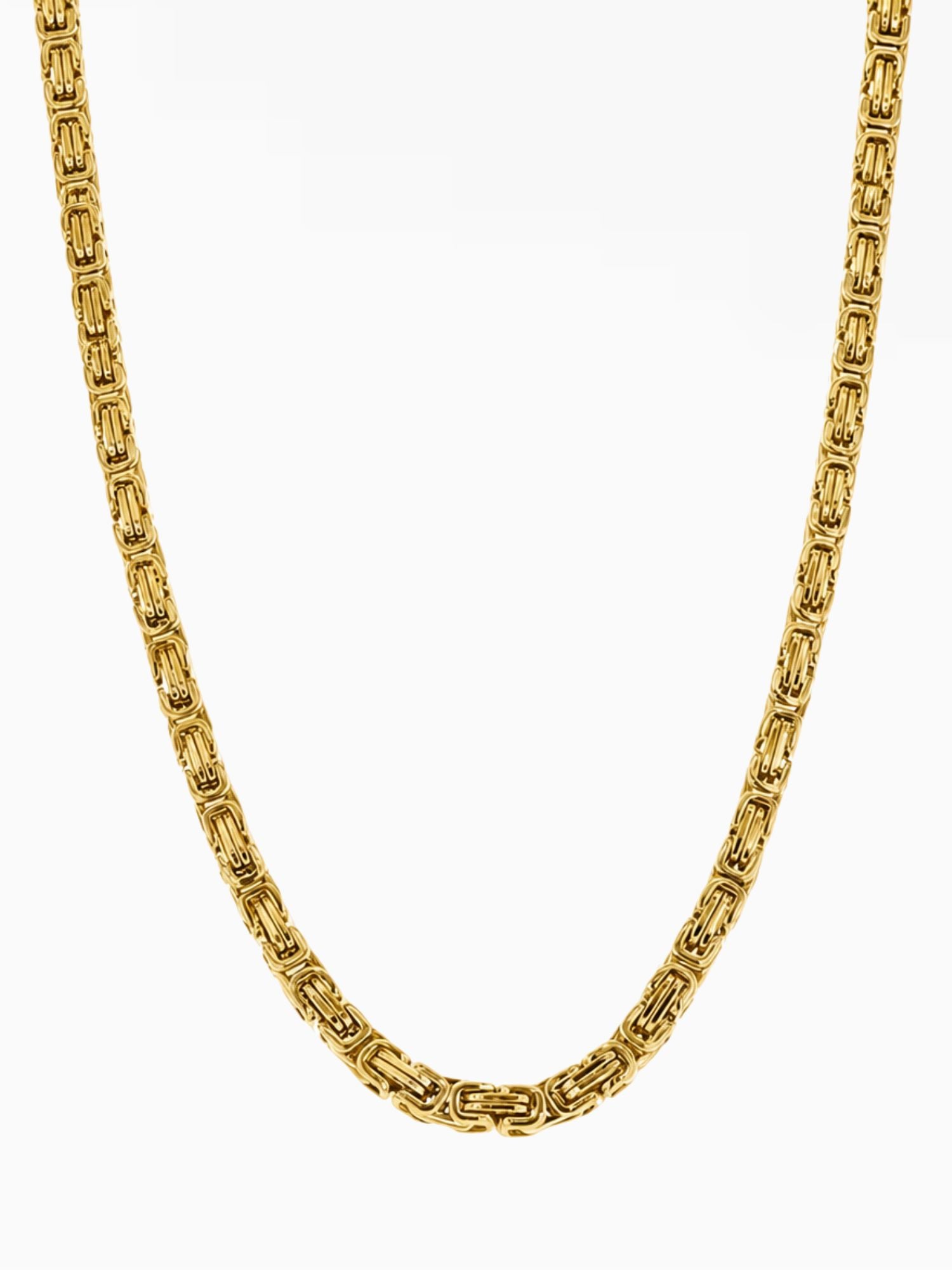 Gouden Koningsketting RVS 5mm van Carpe Ice op lichte studioachtergrond, met het volle koningsschakelpatroon