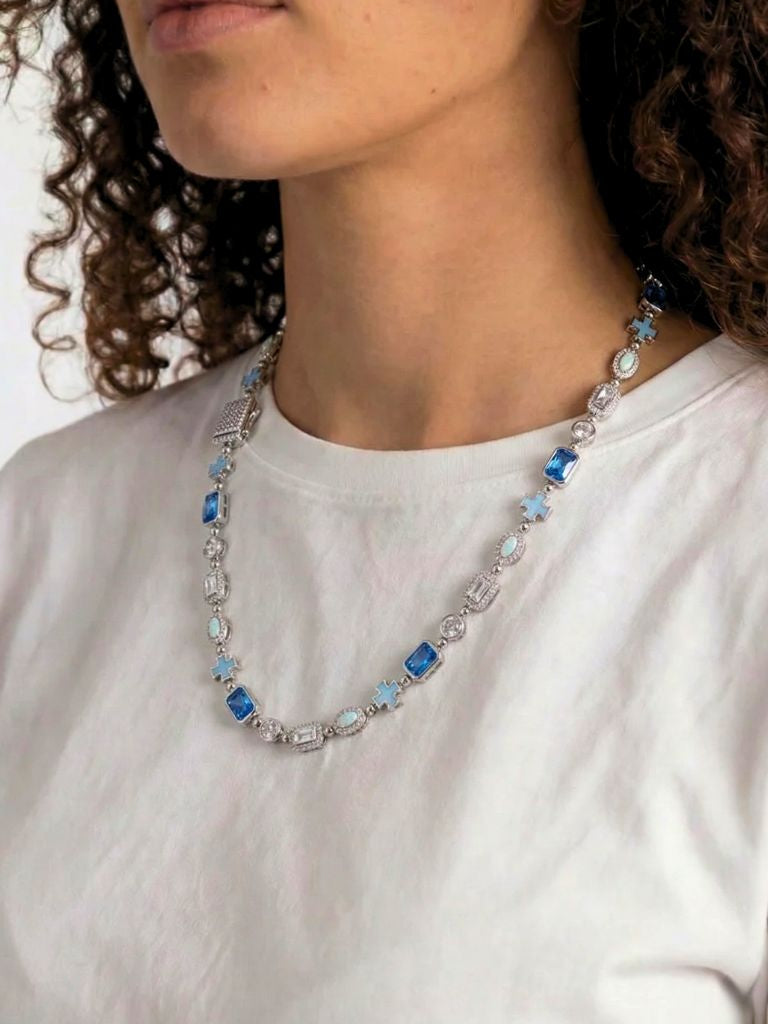 Cross and Blue Gemstone Necklace ICE White Gold