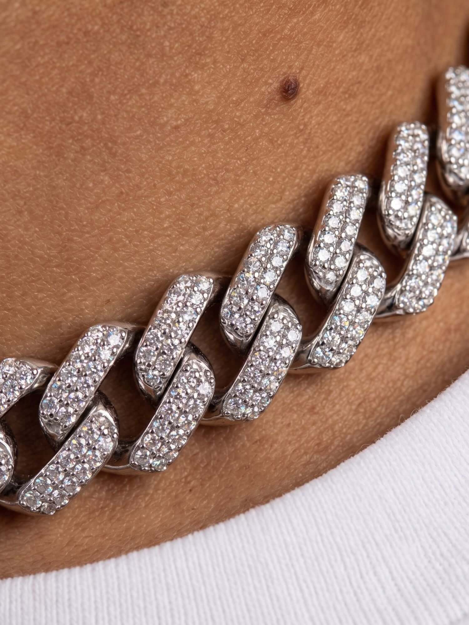 Moissanite Cuban Link Necklace 925 Silver ICED OUT (12mm) with sparkling moissanite stones against the skin