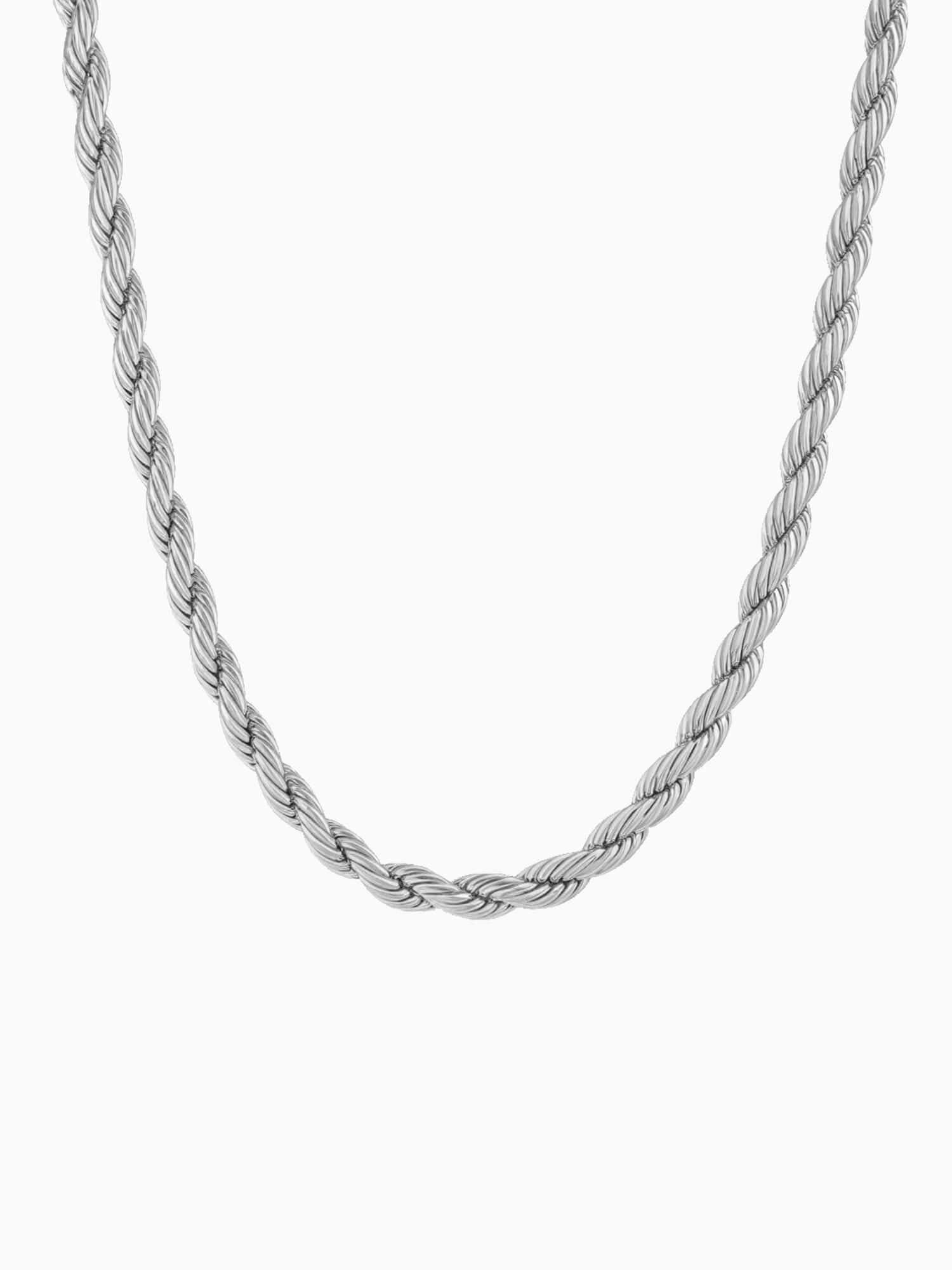 Cadena Rope de acero inoxidable plateado (2 mm / 3 mm), con eslabones retorcidos y brillo plateado.
