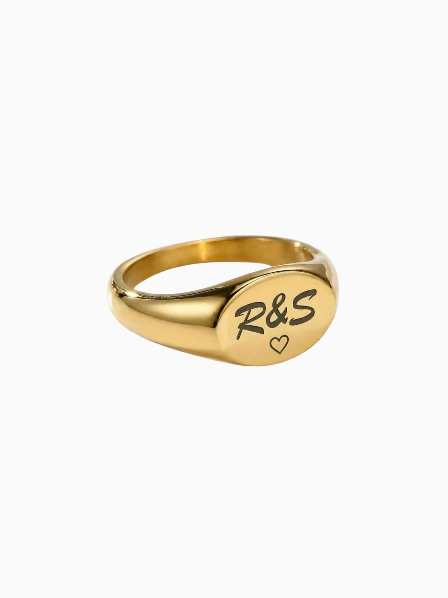 Zegel Ring 18k Goud Verguld (Graveren) zegel ring goud met gegraveerde initialen R&S en hartje, personaliseerbare gouden zegelring