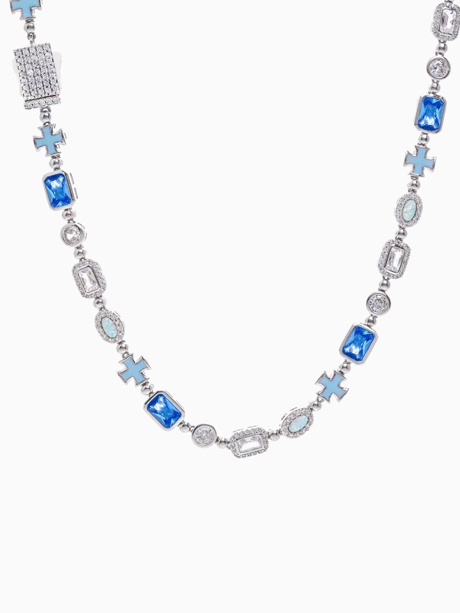 Kruis en Blauwe Edelstenen Ketting ICE Witgoud met sterren, blauwe edelstenen en witgouden plating