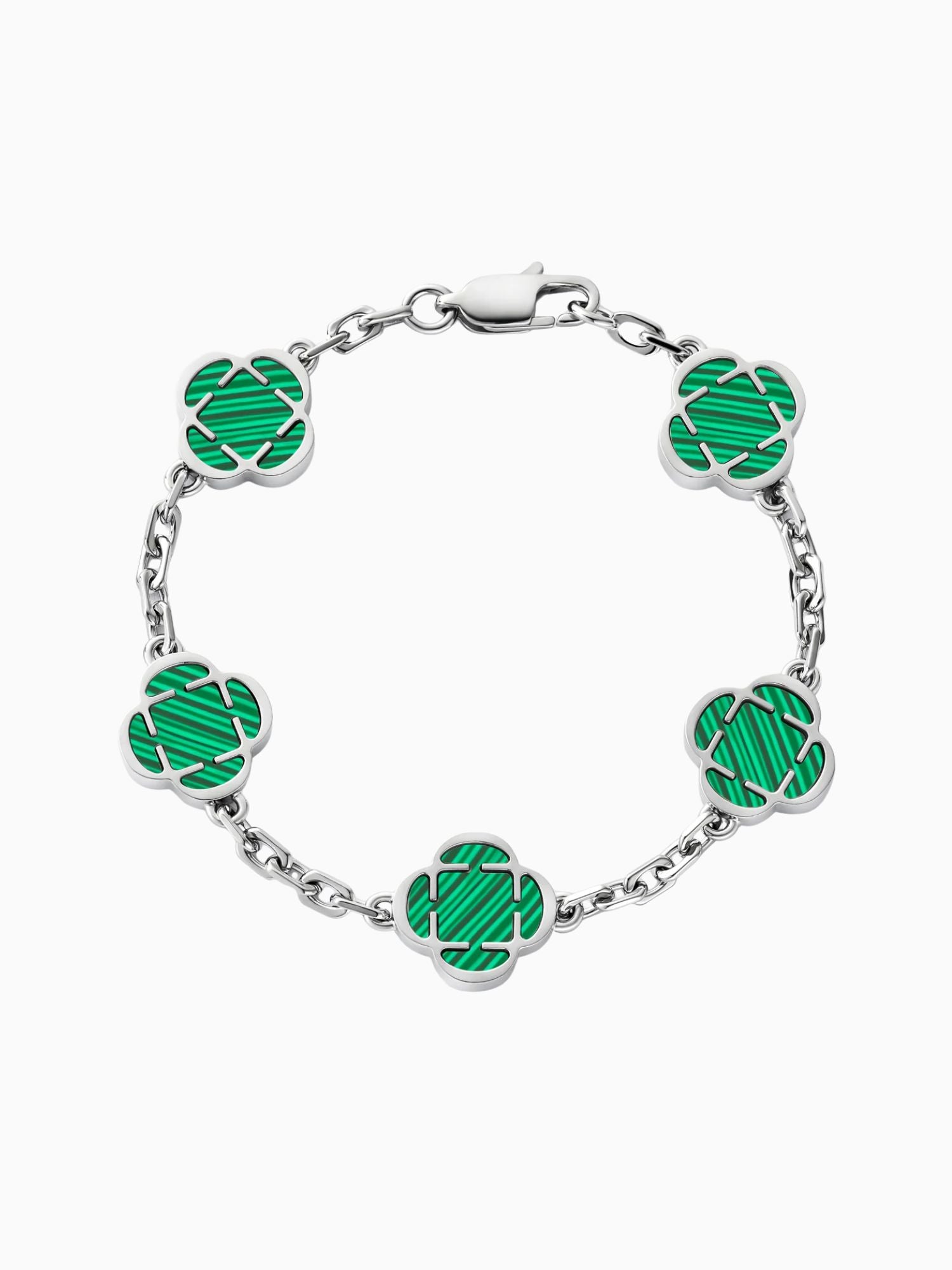 Zilveren Klaver Armband Groen Onyx Steen met groene klaverstenen en zilveren schakels.