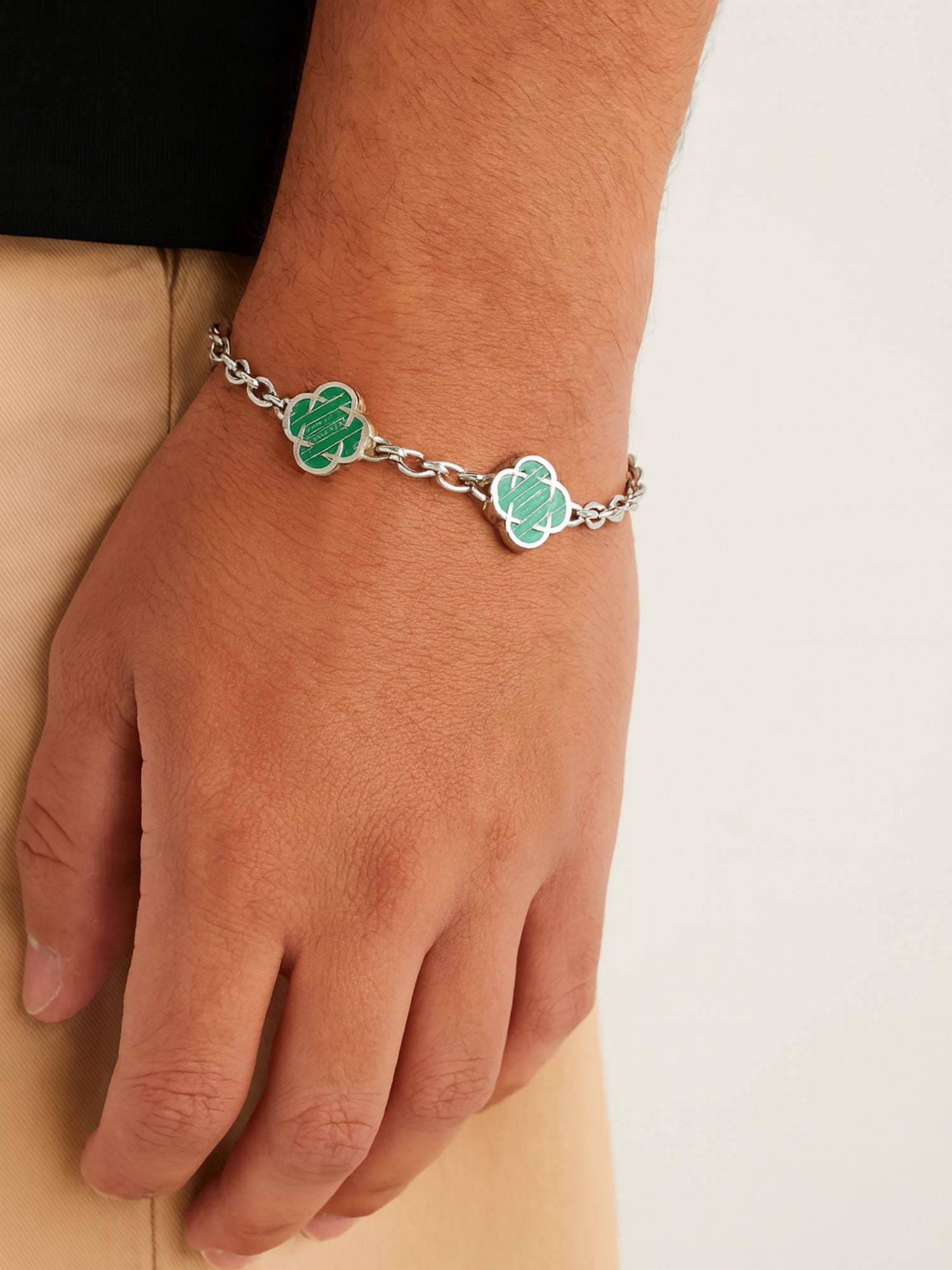 Onyx Clover Stone Green Silver Bracelet