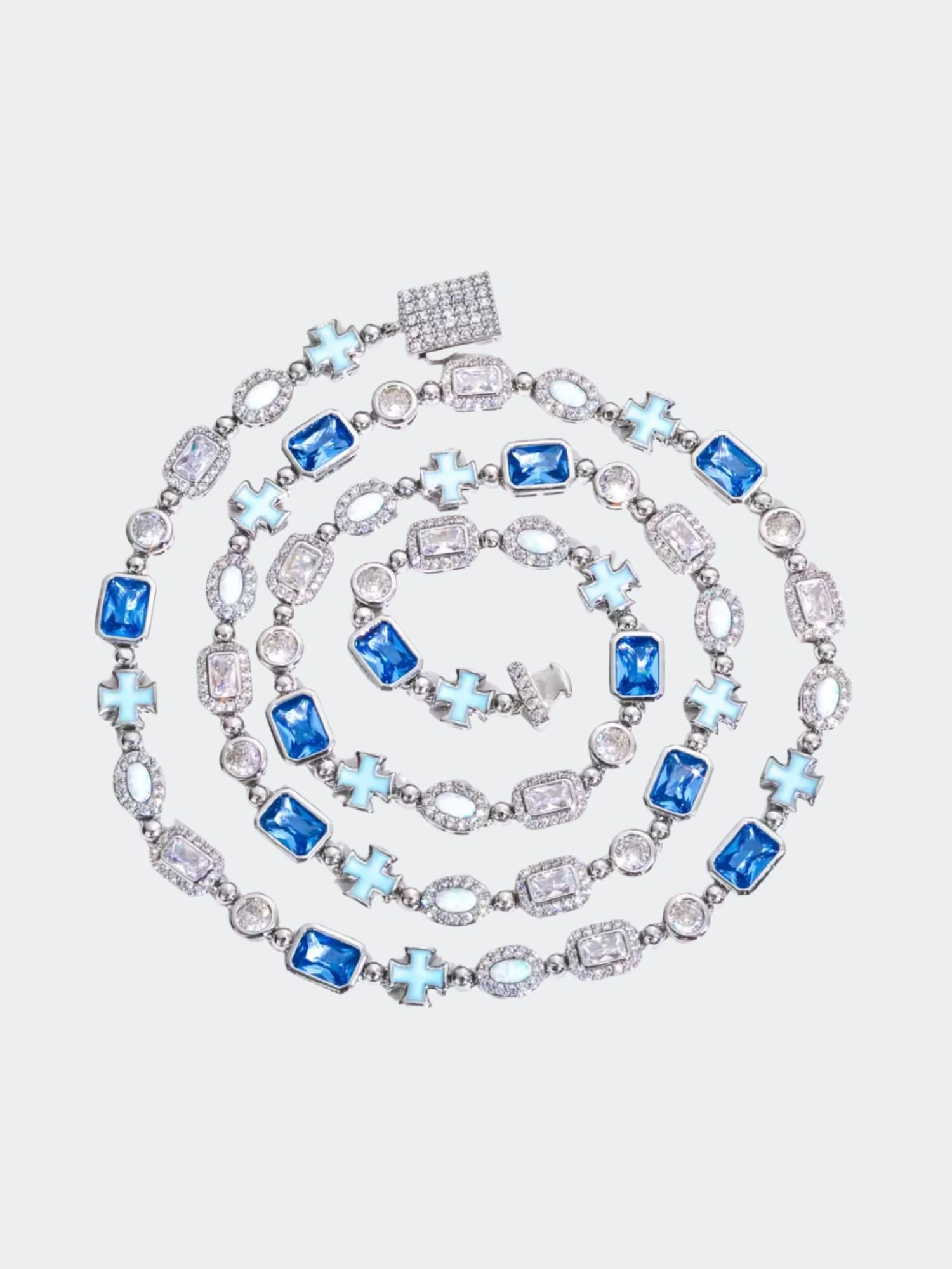 ICE Kruis en Blauwe Edelstenen WIT GOUD Ketting