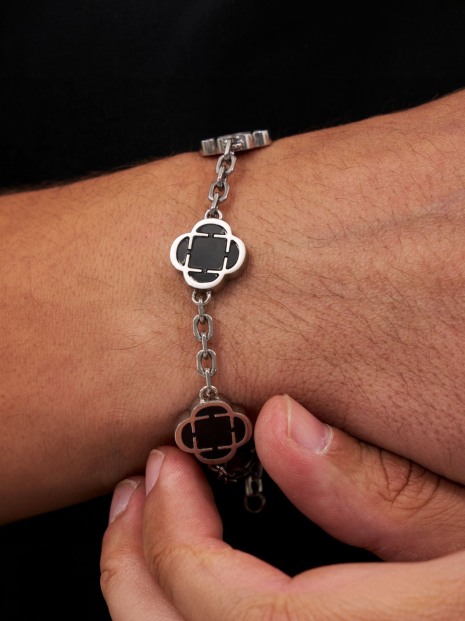 Onyx Klaver Steen Zwart Zilveren Armband
