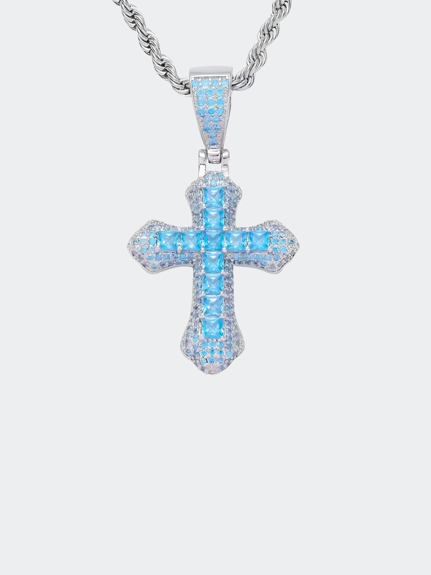 Blauwe Kruis Hanger ICED OUT Zilver