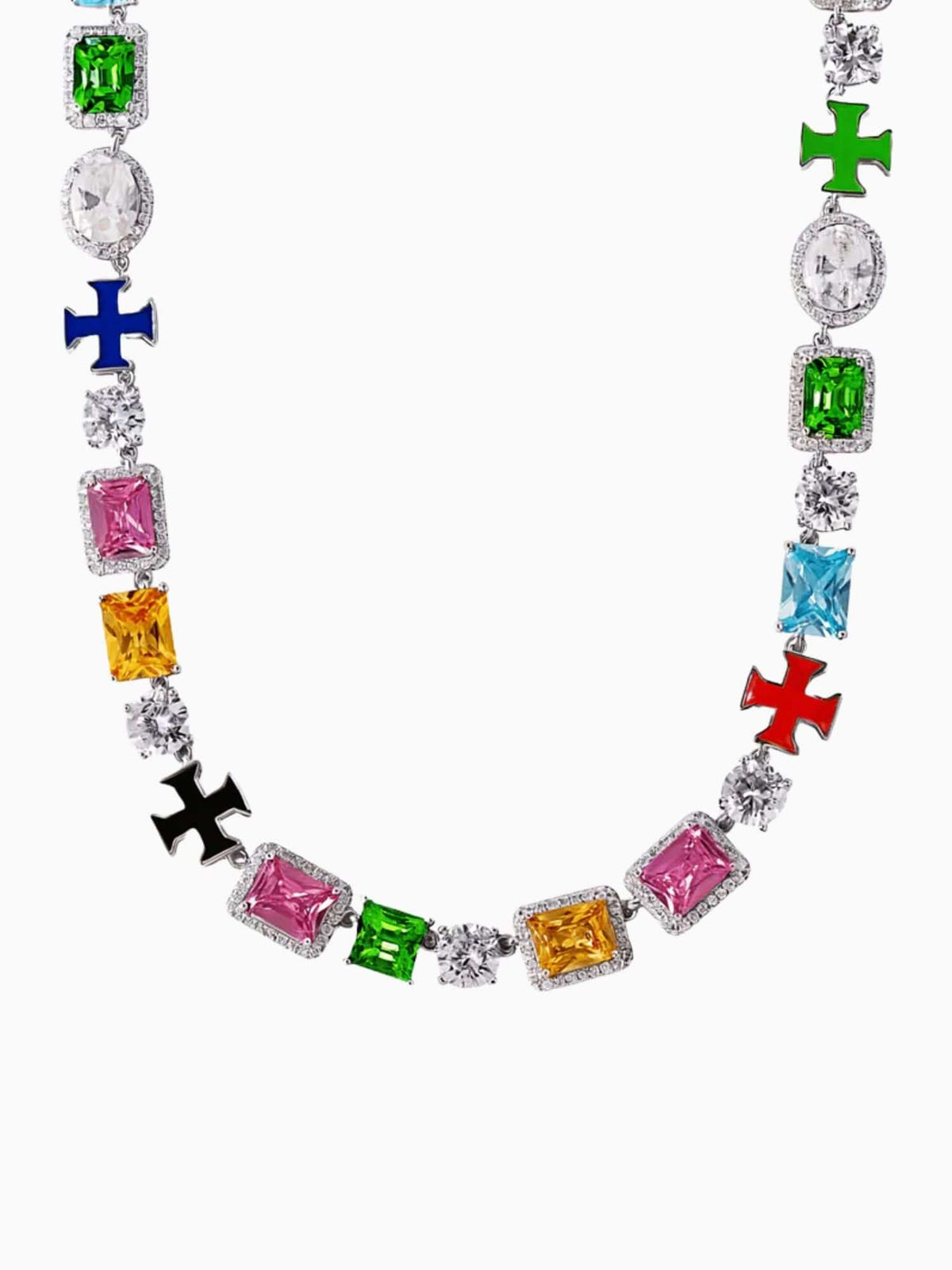 Kruis en edelstenen ketting ICED OUT Witgoud met kleurrijke edelstenen en elegante details.
