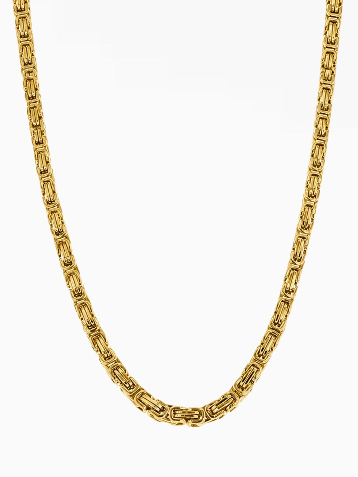Gouden Koningsketting RVS 5mm van Carpe Ice op lichte studioachtergrond, met het volle koningsschakelpatroon