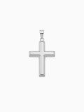 Colgante de cruz de acero inoxidable en tono plata, de brazos lisos y pulidos.