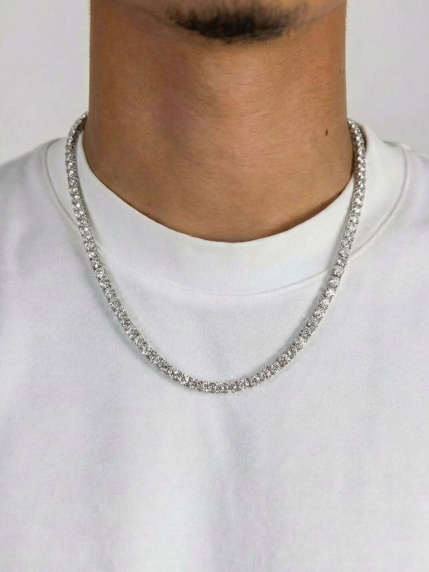 Tennis Chain Silver (3mm & 5mm) worn around the neck, silver-tone tennis chain with VVS CZ stones and box clasp