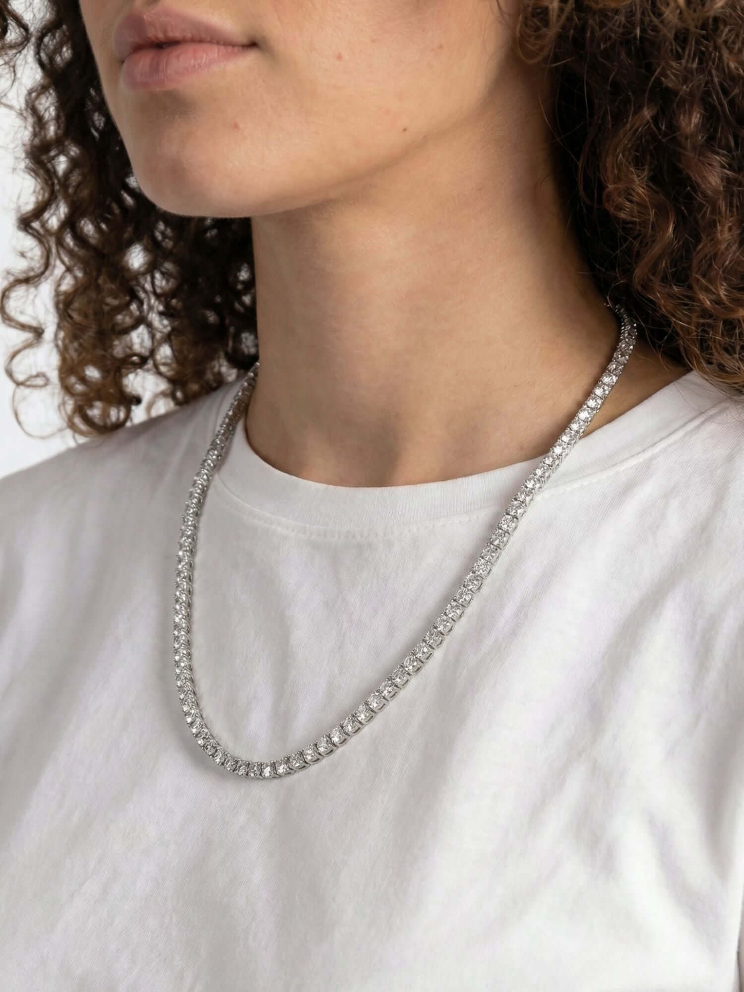 Silver tennis chain (3mm & 5mm) with VVS CZ stones, silver stainless steel tennis chain worn around the neck
