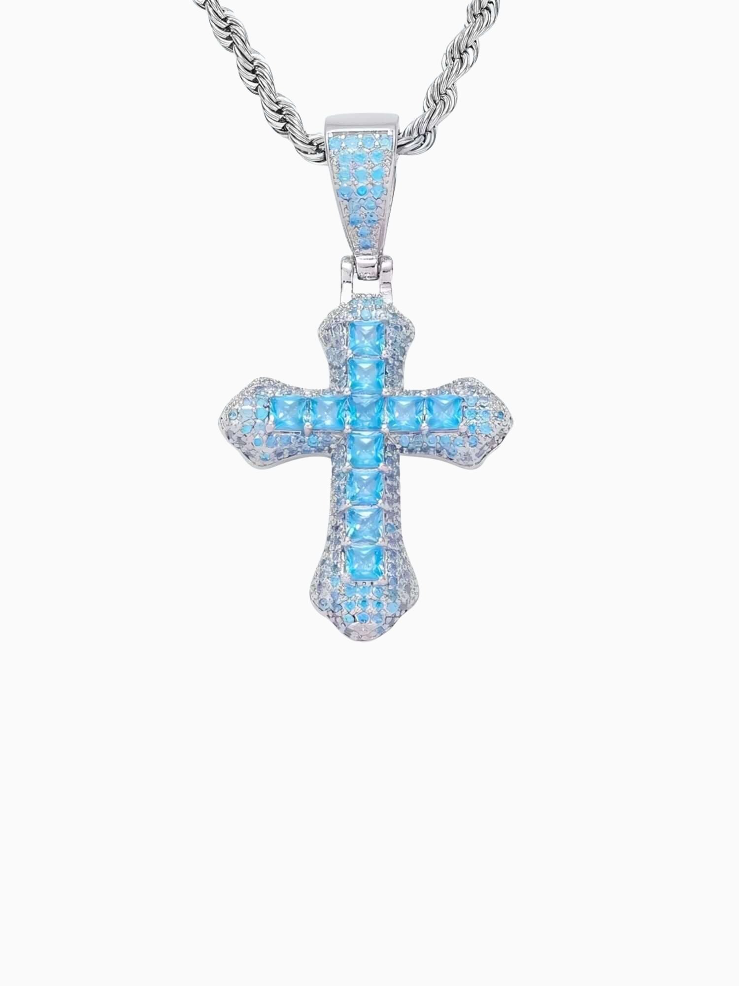 Blauwe Kruis Hanger Zilver ICED OUT